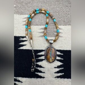 Native American Navajo Sterling Silver Turquoise Picture Jasper Beaded Necklace